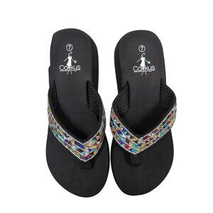 Corkys Clara Jeweled Wedge Platform Sandals Women’s Sz 7 Black Multicolor Rhines